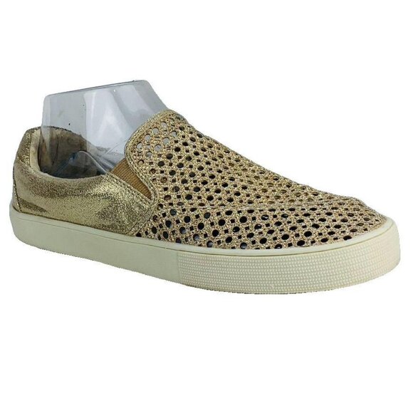 Metallic Gold Slip-On Sneakers With Perforated Design By Stuart Weitzman Size 7. - Picture 1 of 8